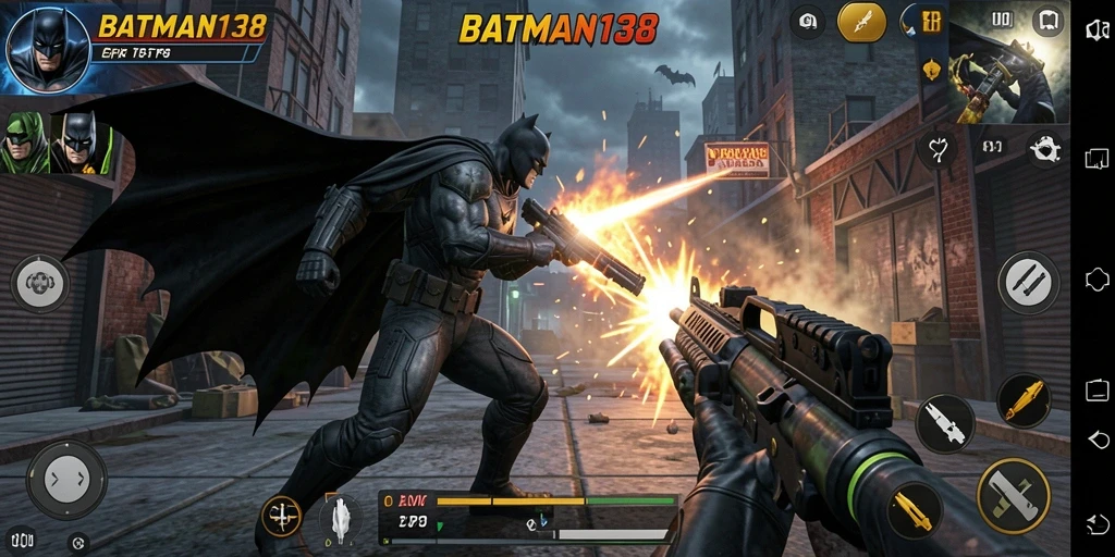 Tampilan gameplay seru dalam BATMAN138 dengan aksi tembak-menembak yang intens.