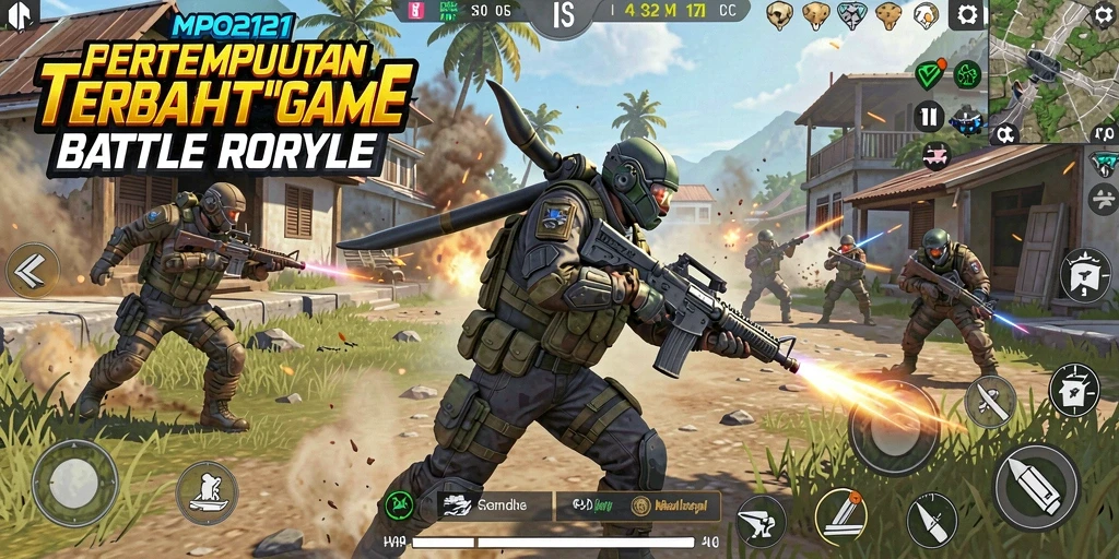 Screenshot MPO2121 menunjukkan aksi pertempuran seru dalam permainan Battle Royale.