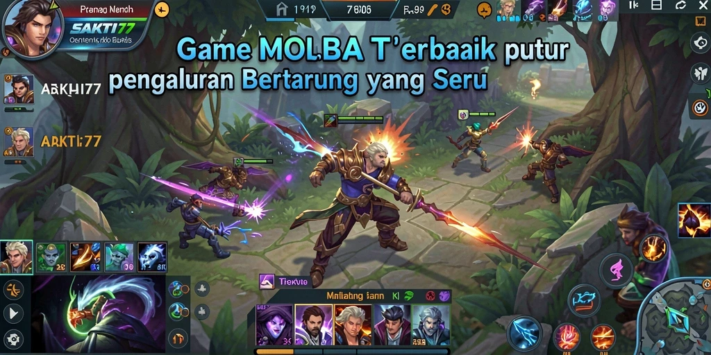 Screenshot dari gameplay SAKTI77 yang menunjukkan pertempuran MOBA yang intens.